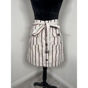 Striped‎ Cotton Linen Blend Knee-Length Skirt With Button Front & Tie Waist